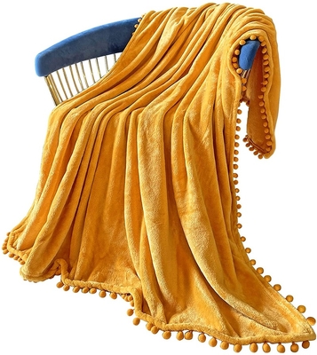 Anti-Static Tassel Throw Blanket With Pompom Fringe Flannel Decor Soft Cozy Blanket For Couch Sofa Bed Camping Travel Blanket